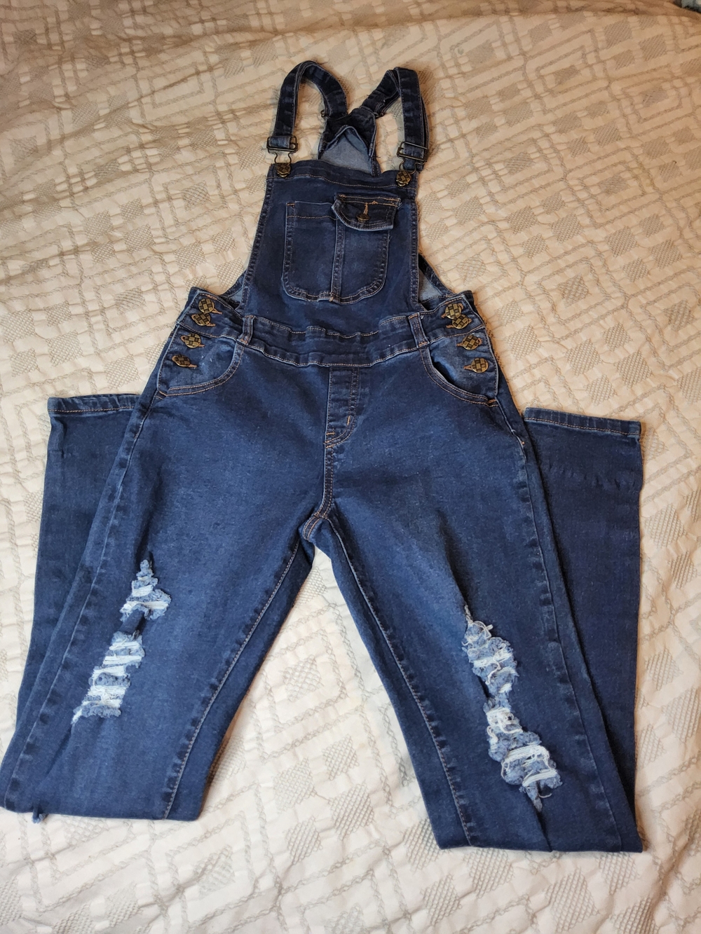 Dark Blue Stretch Denim Distressed Overalls  - Teens